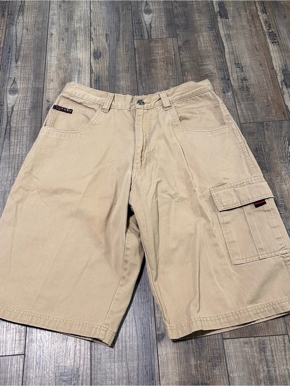 FUBU The Collection Men's 34 Tan Beige Khaki Cargo Carpenter Baggy Shorts